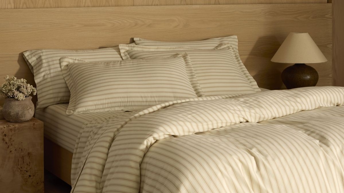 Layer Cotton Bedding with Navy, Neutrals, and Ticking Stripes
