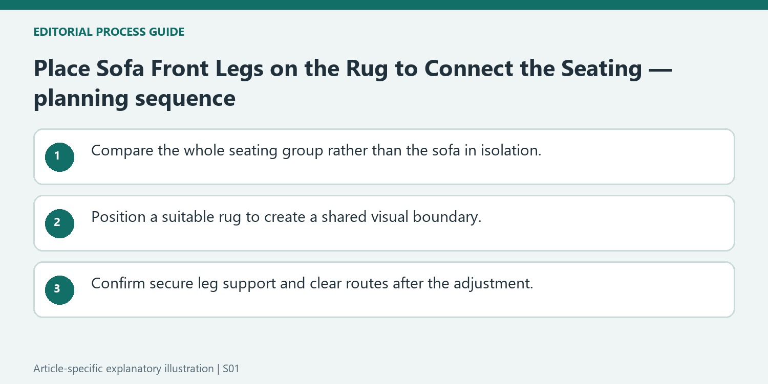 Place Sofa Front Legs on the Rug to Connect the Seating — planning sequence