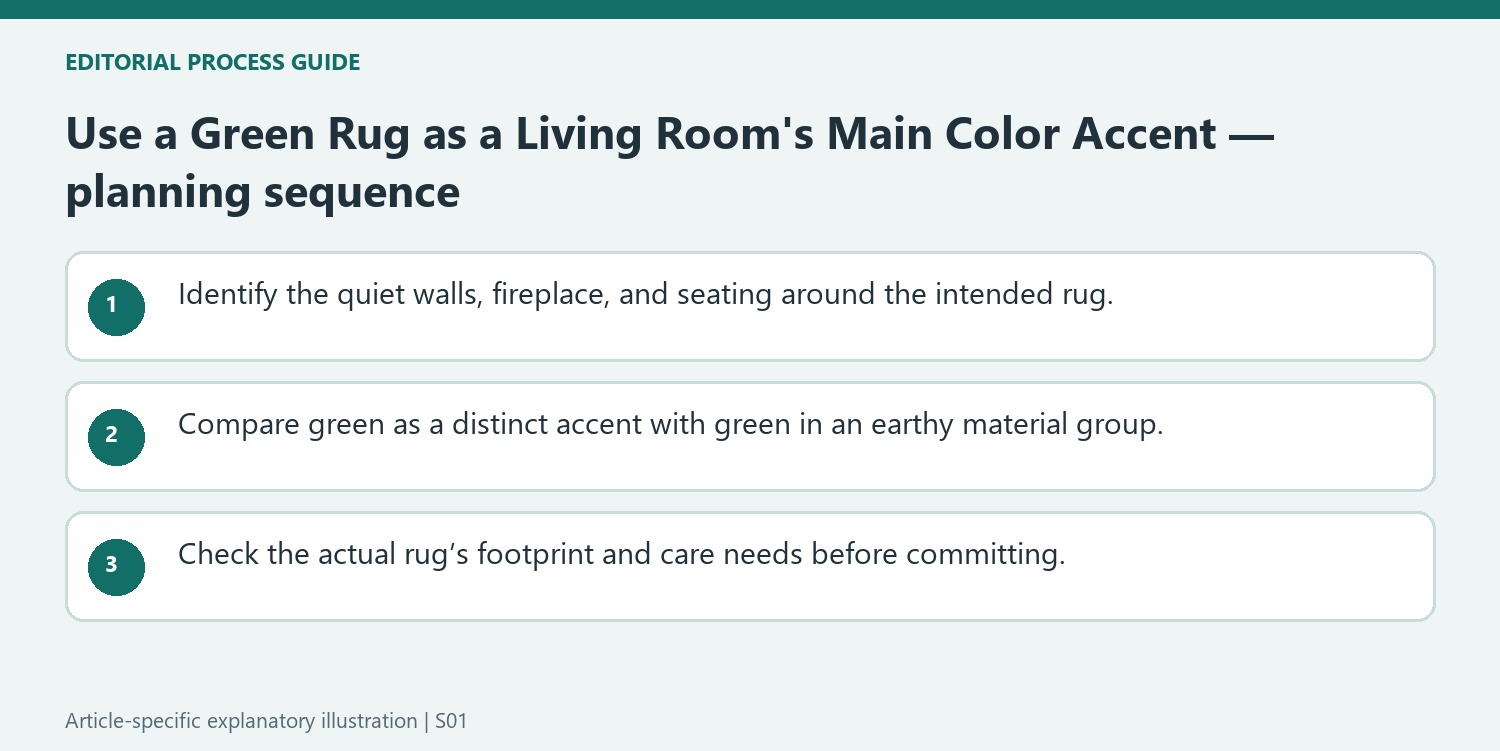 Use a Green Rug as a Living Room's Main Color Accent — planning sequence
