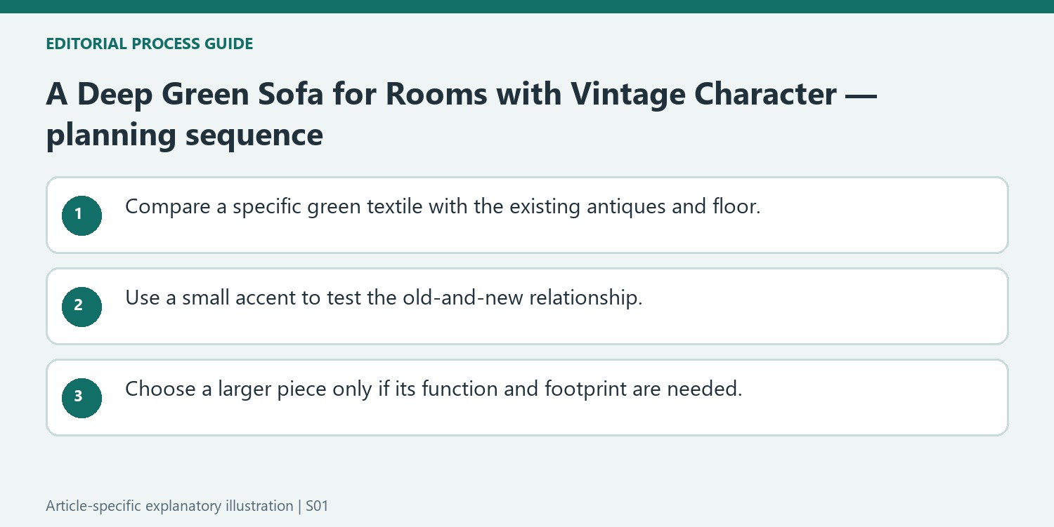 A Deep Green Sofa for Rooms with Vintage Character — planning sequence
