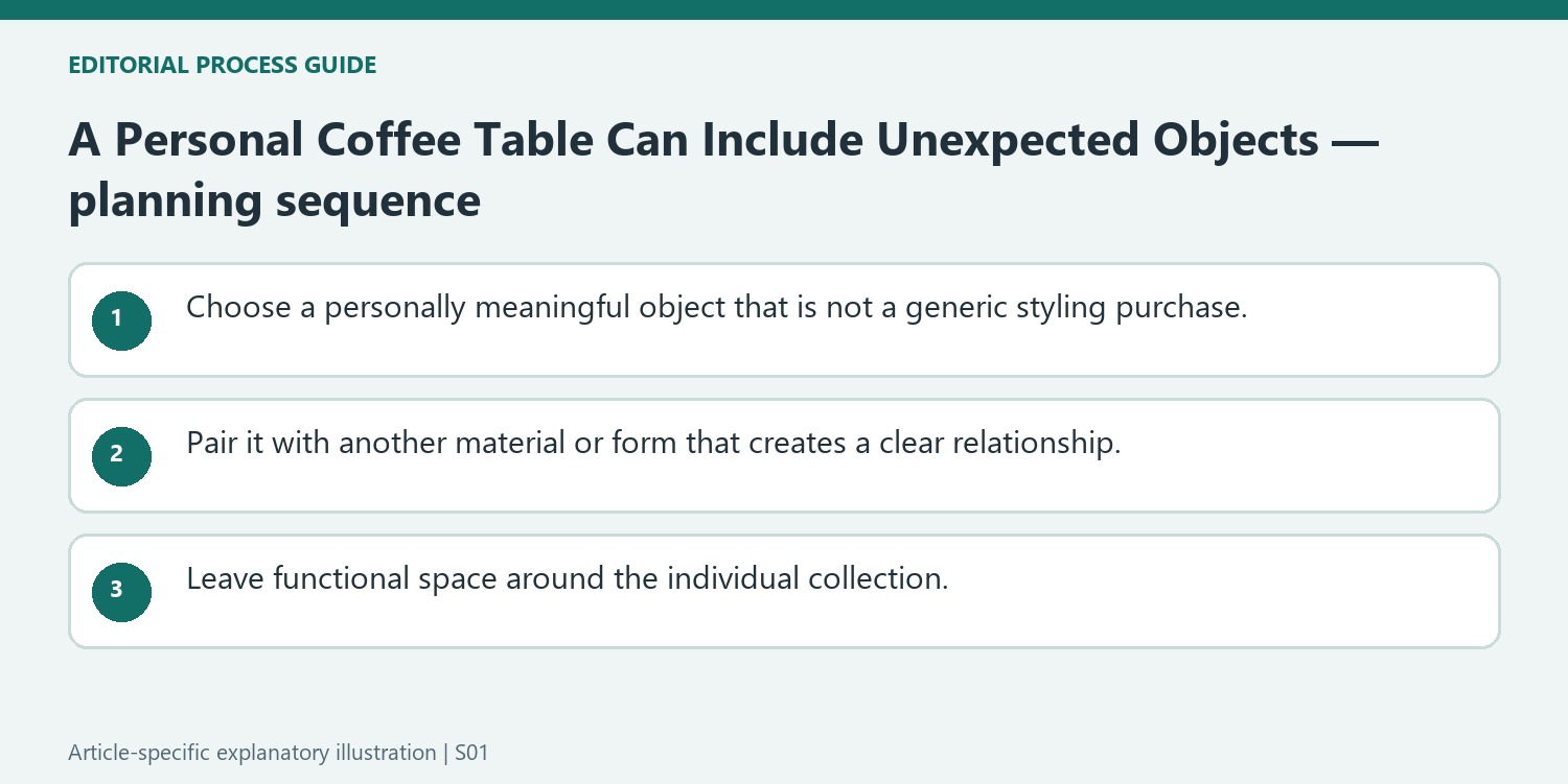 A Personal Coffee Table Can Include Unexpected Objects — planning sequence