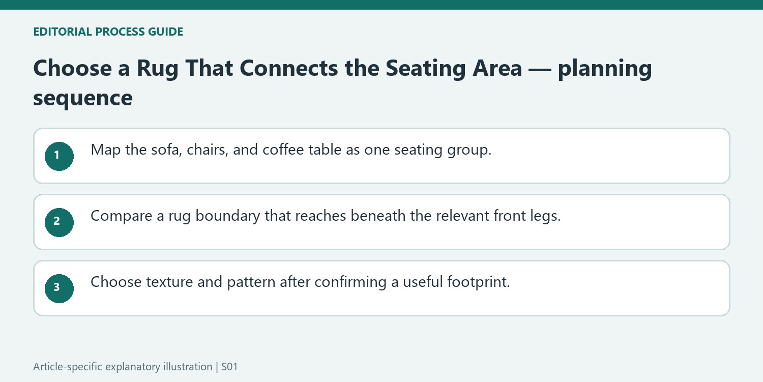Choose a Rug That Connects the Seating Area — planning sequence