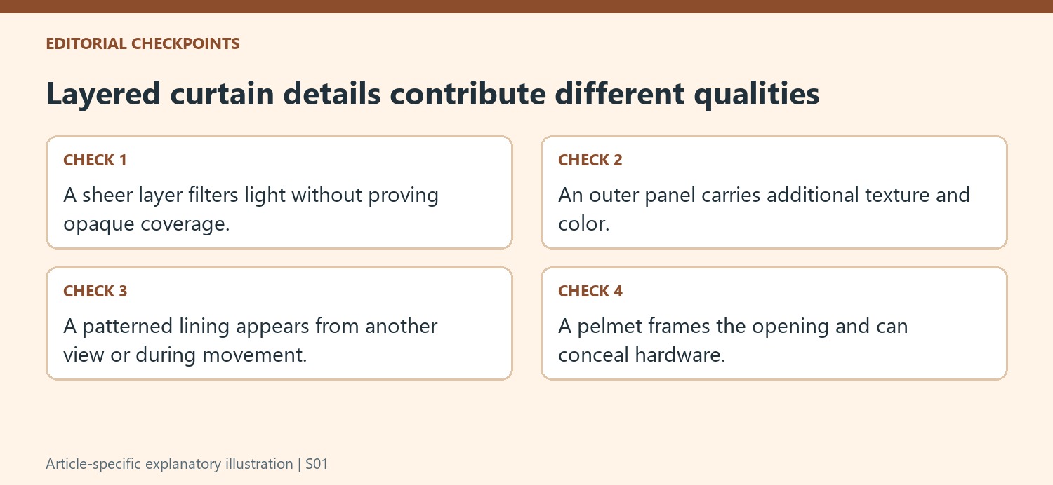 Layered curtain details contribute different qualities