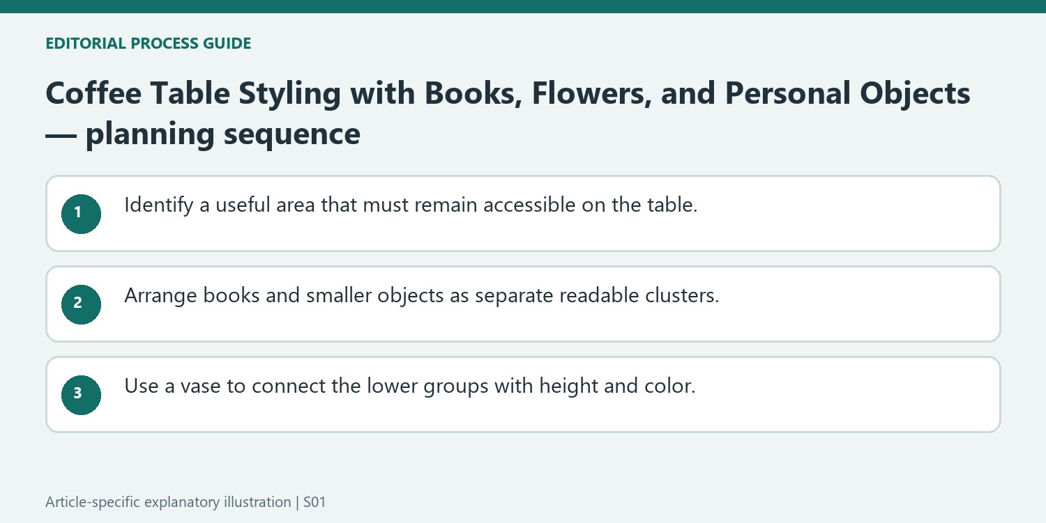 Coffee Table Styling with Books, Flowers, and Personal Objects — planning sequence