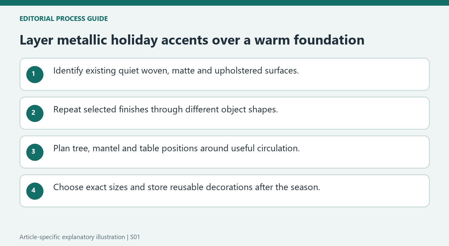 Layer metallic holiday accents over a warm foundation