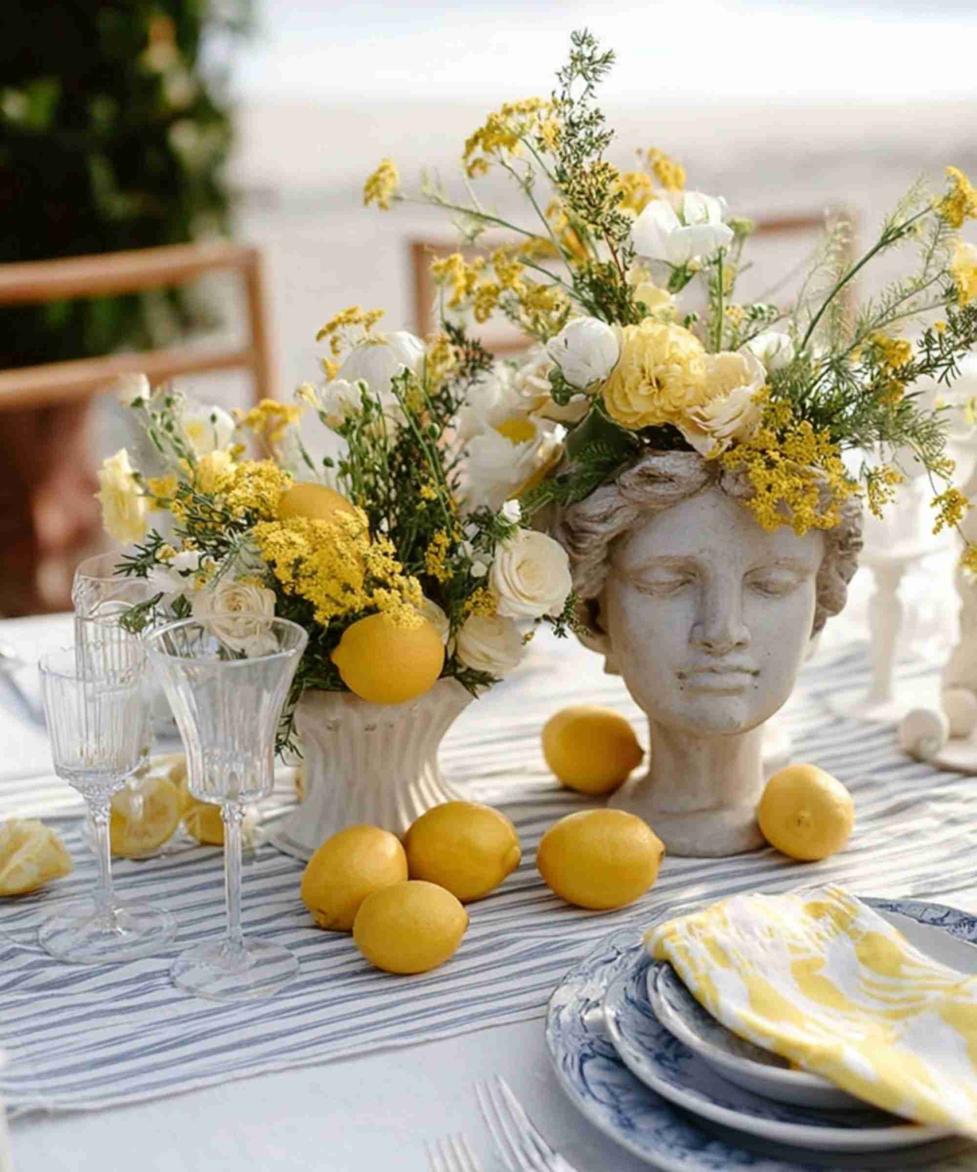 Outdoor table decorated with lemons and yellow-and-white flowers.