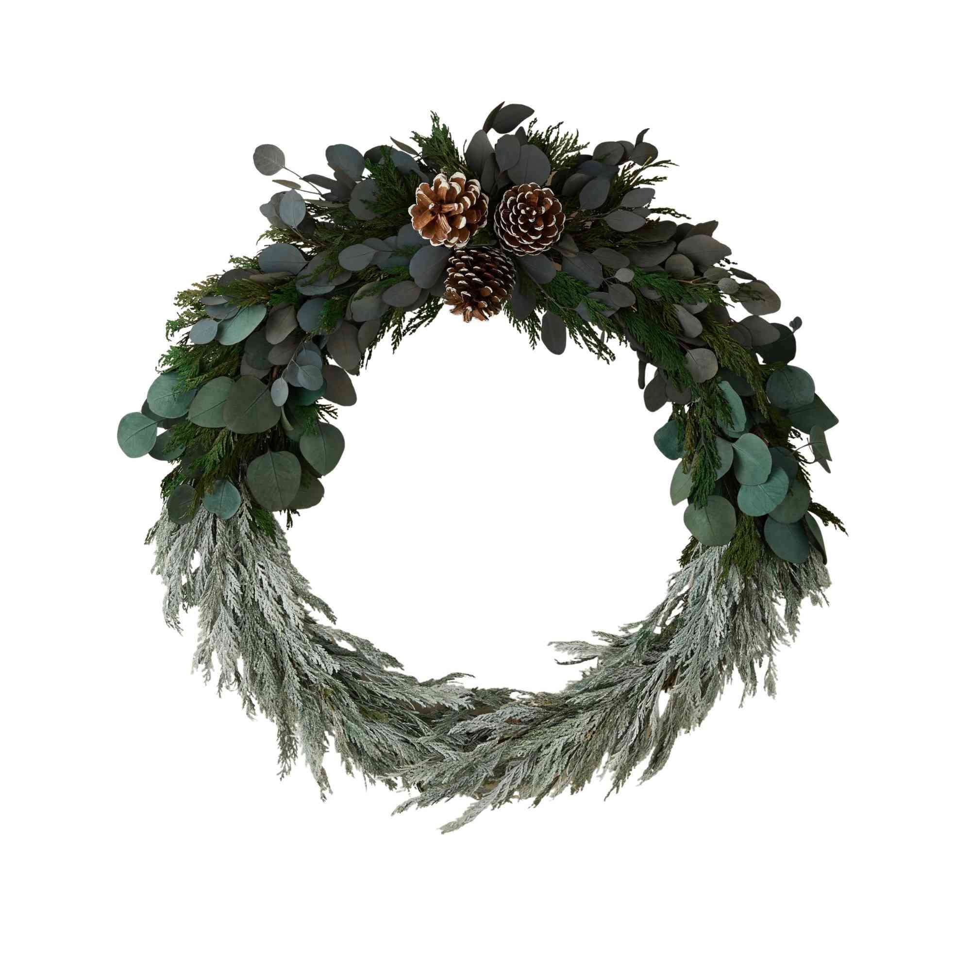 Frost-effect winter wreath offered as a shopping alternative.