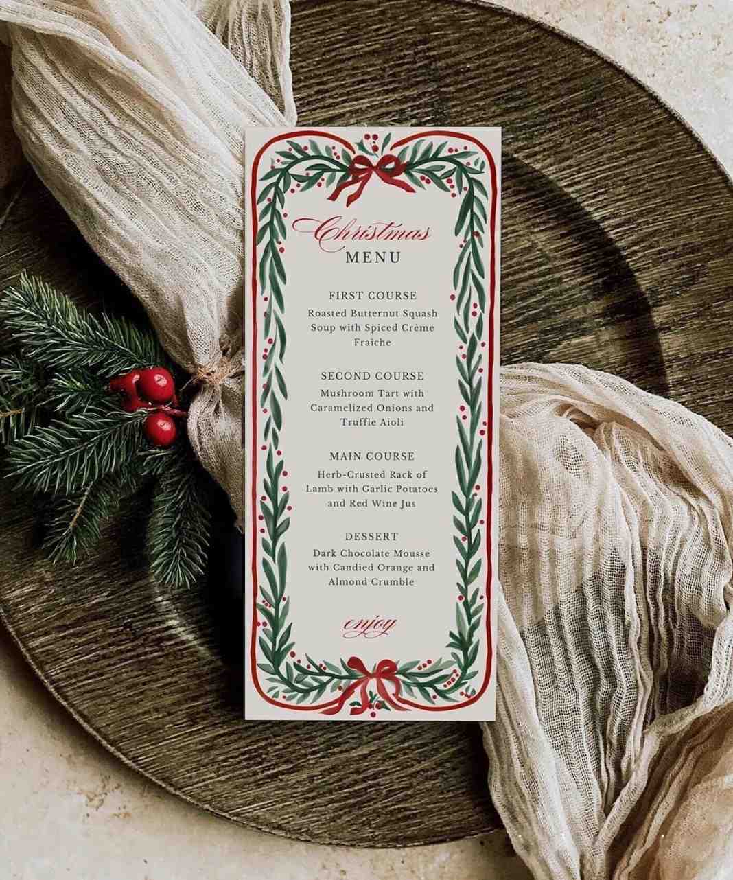 Menu card included in a festive table arrangement.