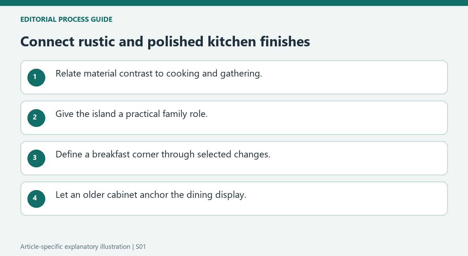 Connect rustic and polished kitchen finishes