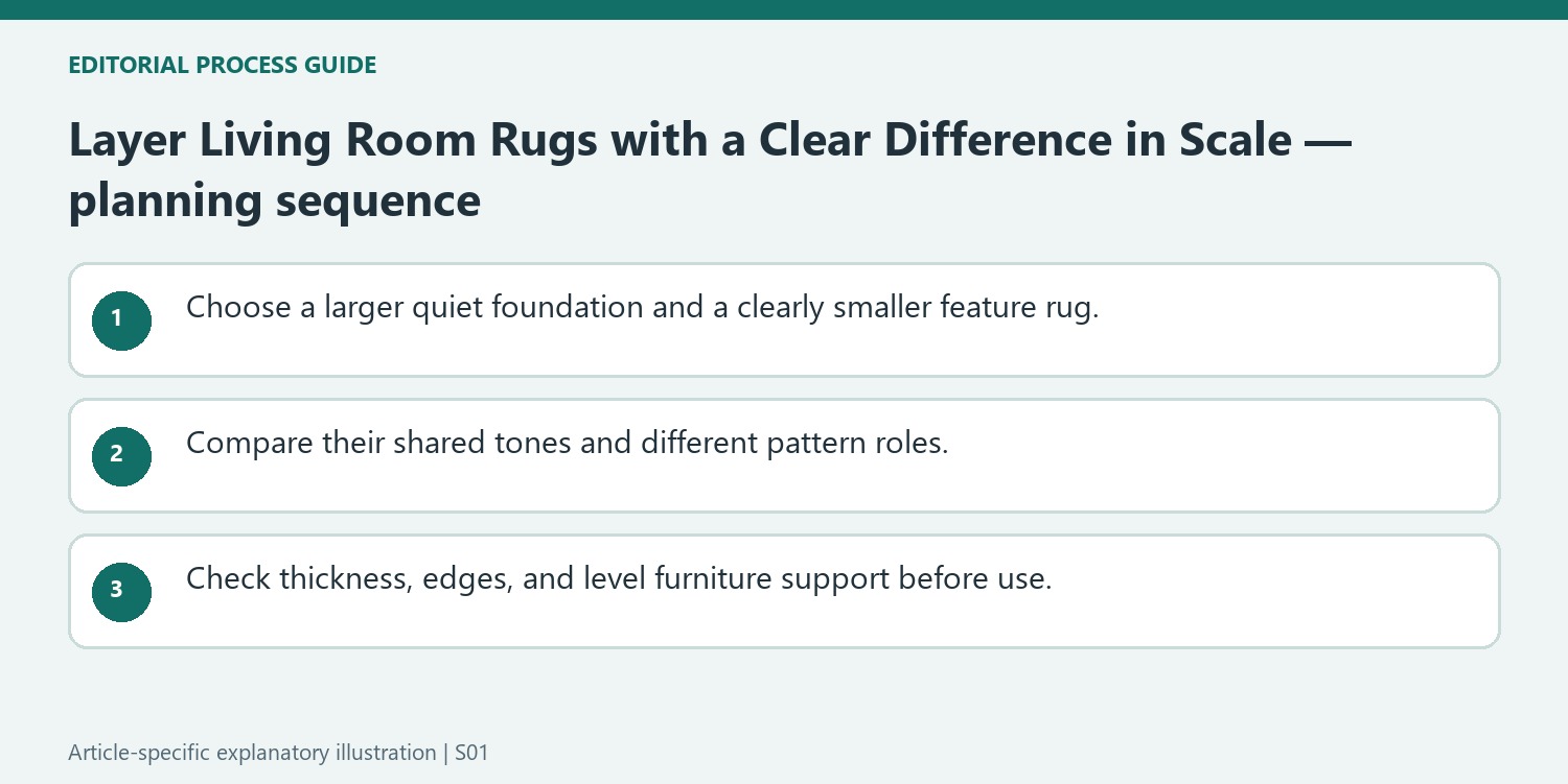 Layer Living Room Rugs with a Clear Difference in Scale — planning sequence