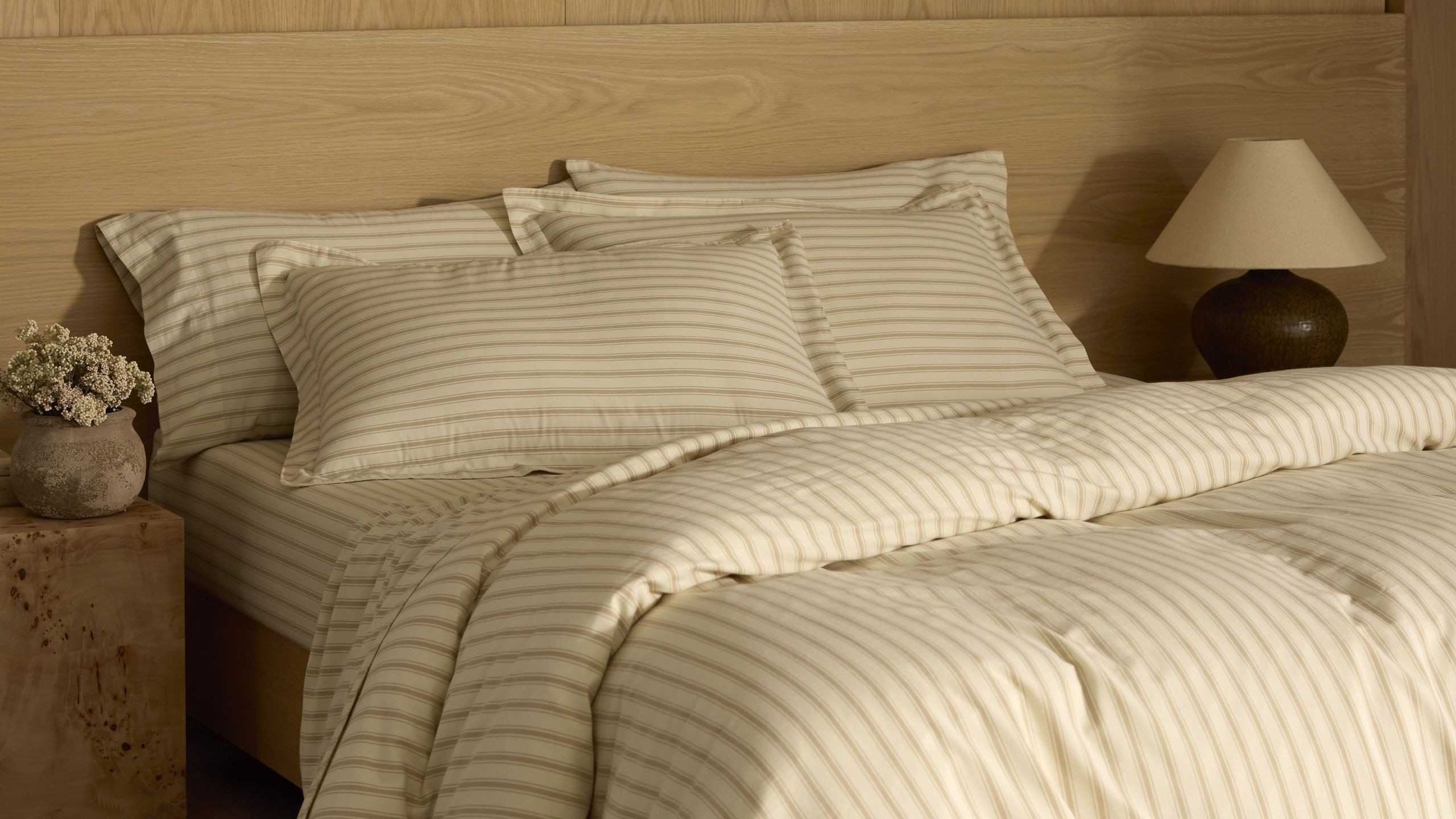 Layer Cotton Bedding with Navy, Neutrals, and Ticking Stripes