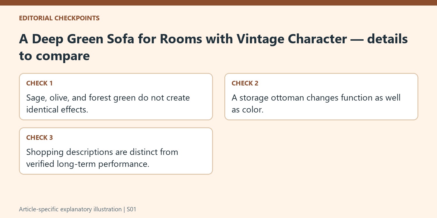 A Deep Green Sofa for Rooms with Vintage Character — details to compare