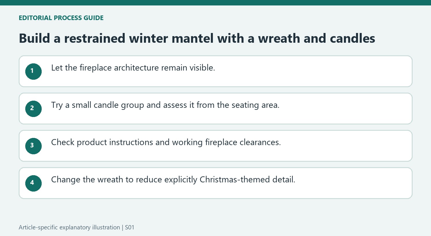 Build a restrained winter mantel with a wreath and candles