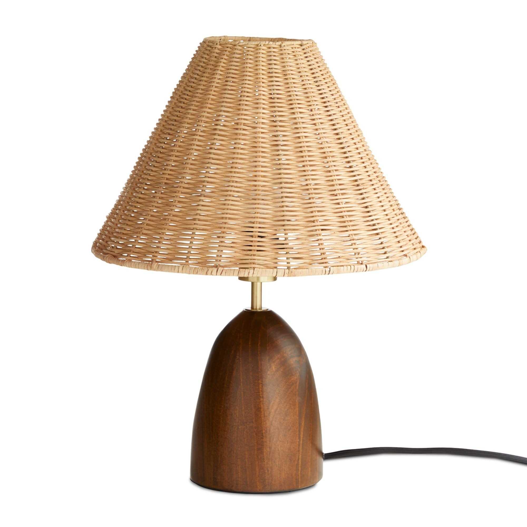 Lamp with warm curved wood base and rattan shade