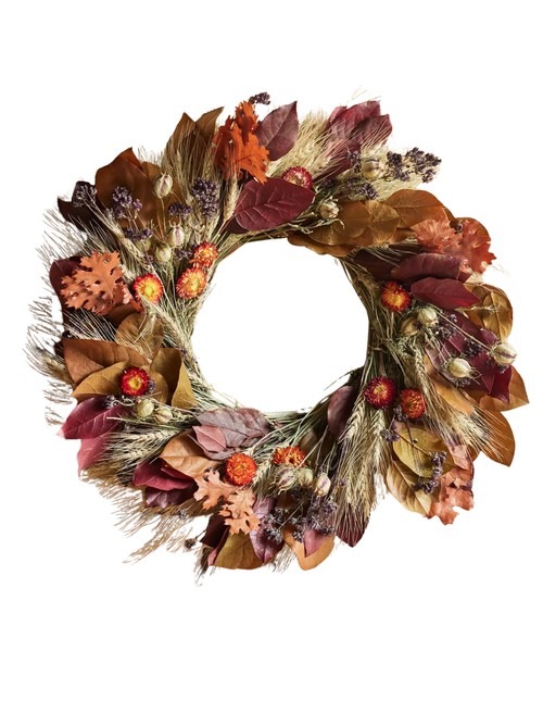 Autumn harvest preserved wreath pictured in the fall wreath edit.
